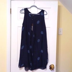 Flowing size L, Charlie B sleeveless Navy dress with Gray abstract dots